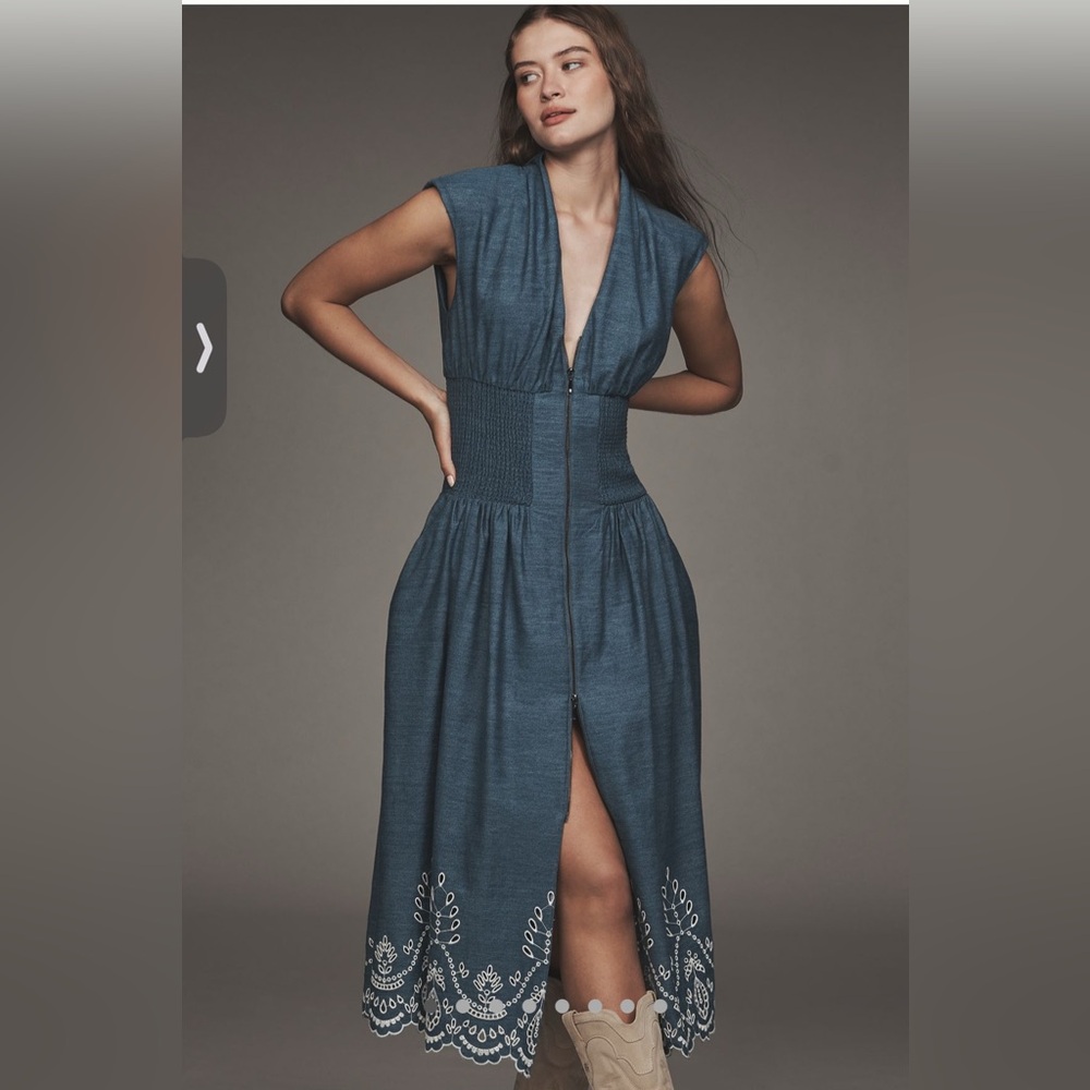 Anthropologie Denim Midi Dress with Embroidered Hem